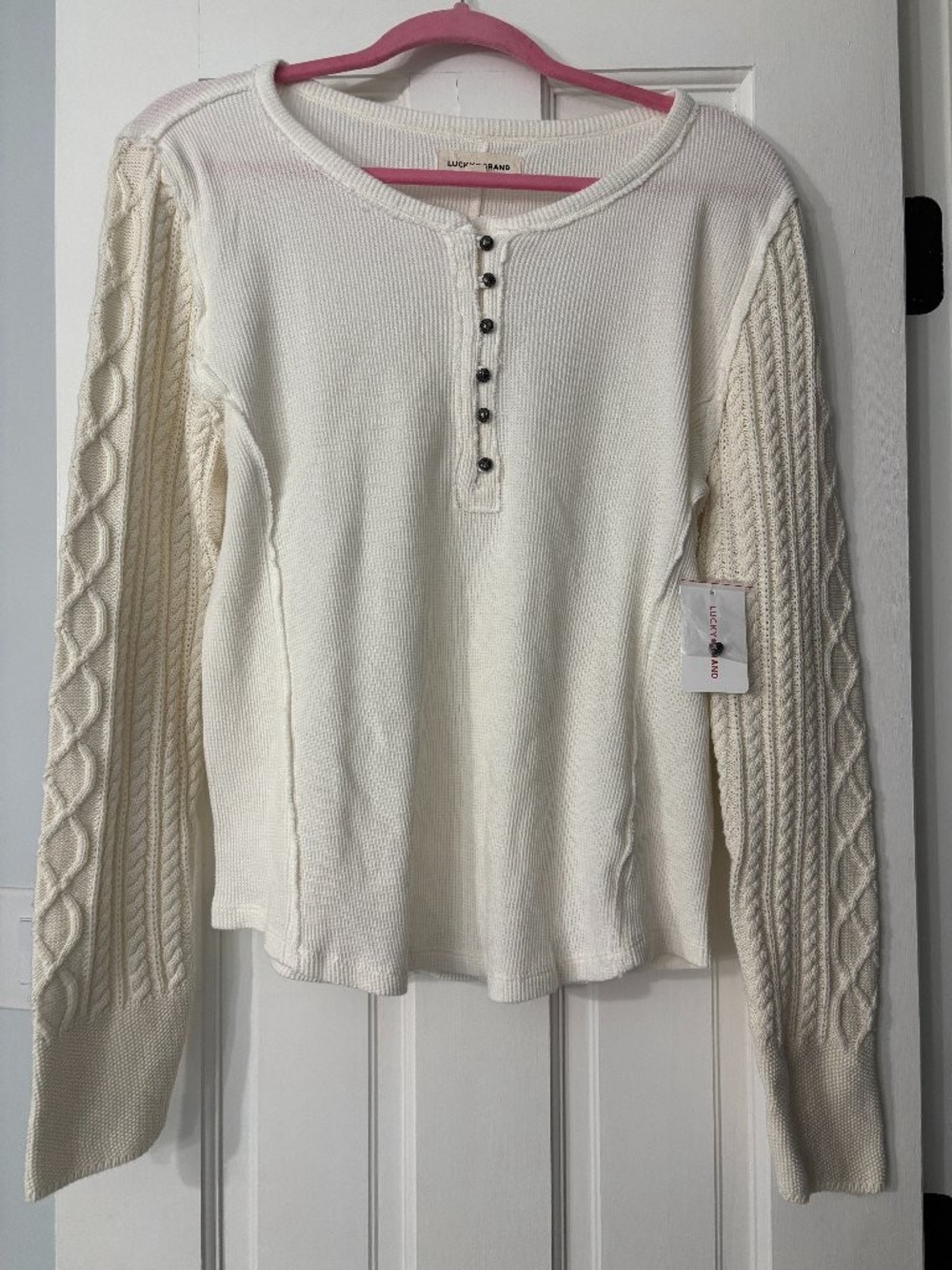 Lucky Brand Textured Mixed Sleeve Henley Womens L Off White Gardenia NWT